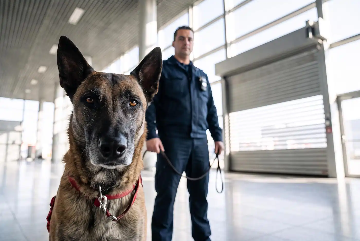Ein Sprengstoffspürhund-Team in einer Industriehalle, der Malinois ist im Fokus und schaut aufmerksam in die Kamera