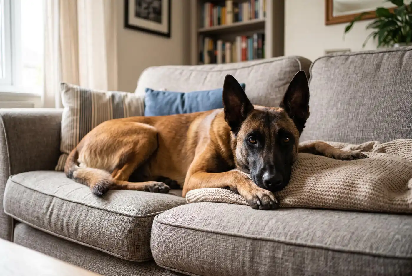 Ein entspannter Malinois SSH auf einem Sofa