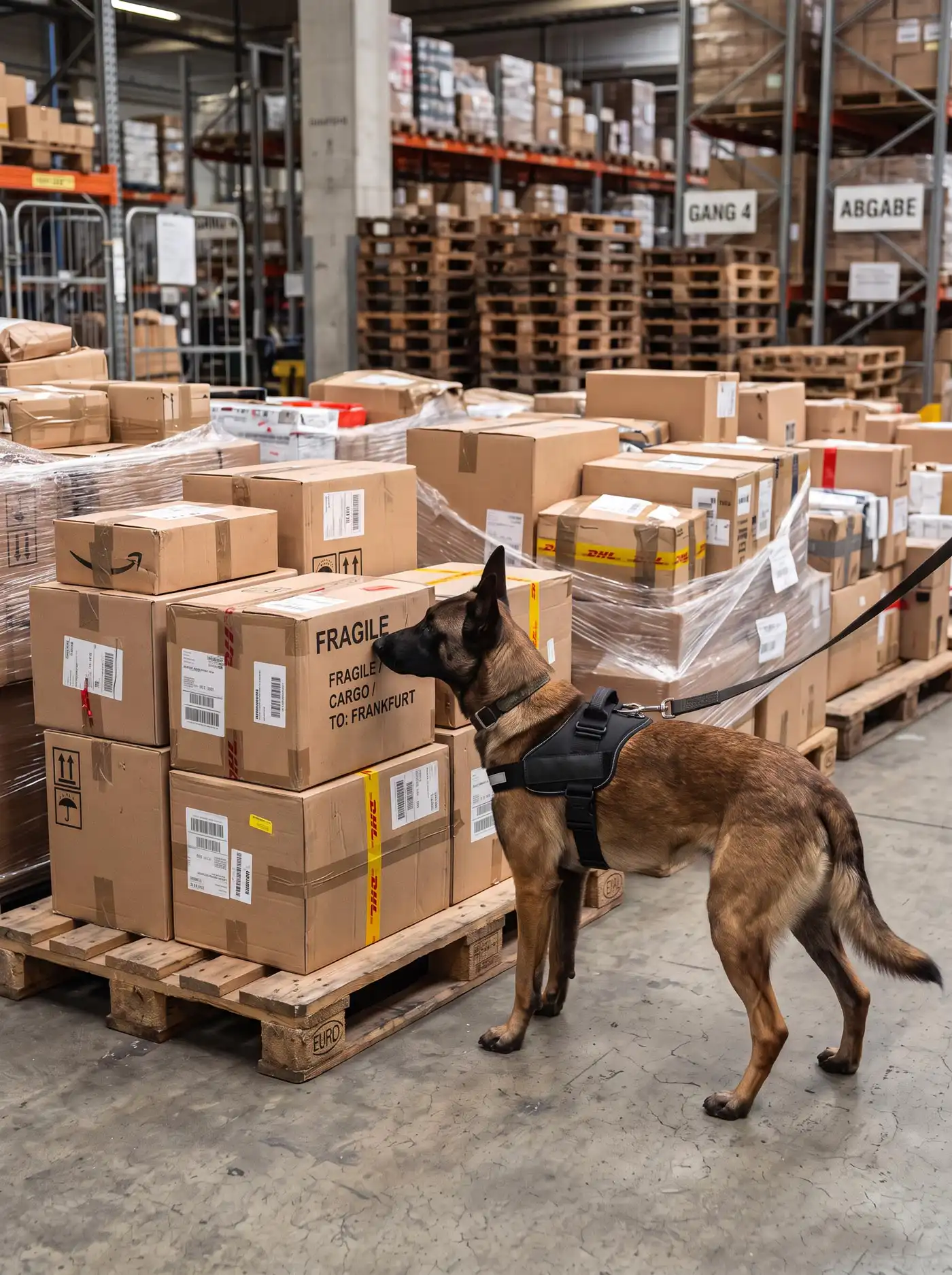 Ein Sprengstoffspürhund schnüffelt an Frachtkartons zur Freigabe in der Luftfracht
