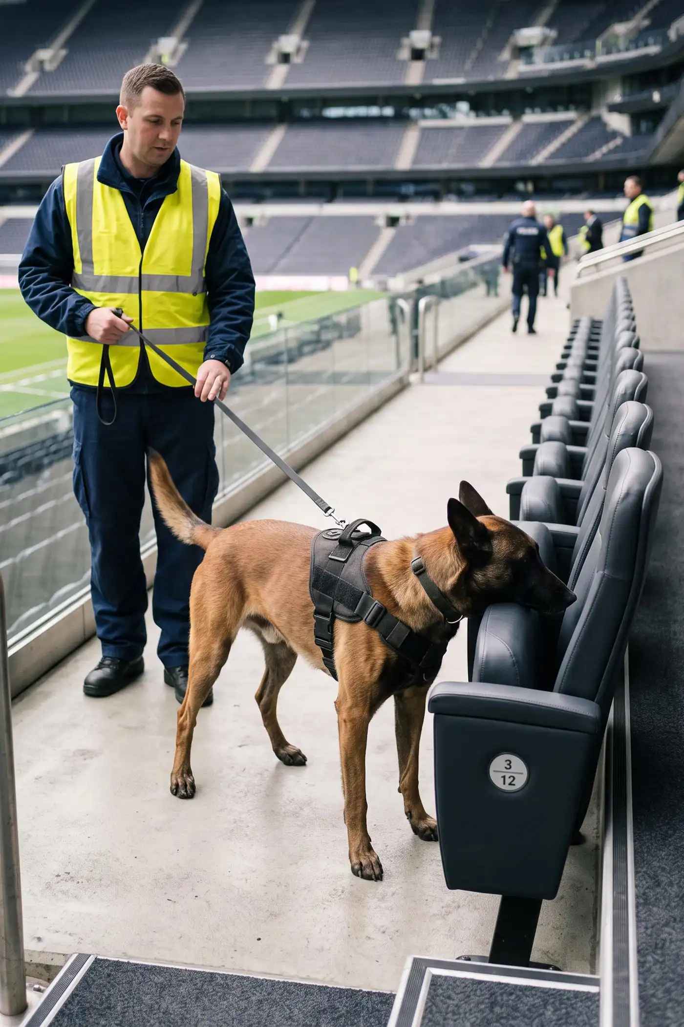 Ein Sprengstoffspührhund sucht in einem VIP-Bereich in einem Stadion an den Sitzen nach Sprengstoff, er wird von einem Hundeführer geführt